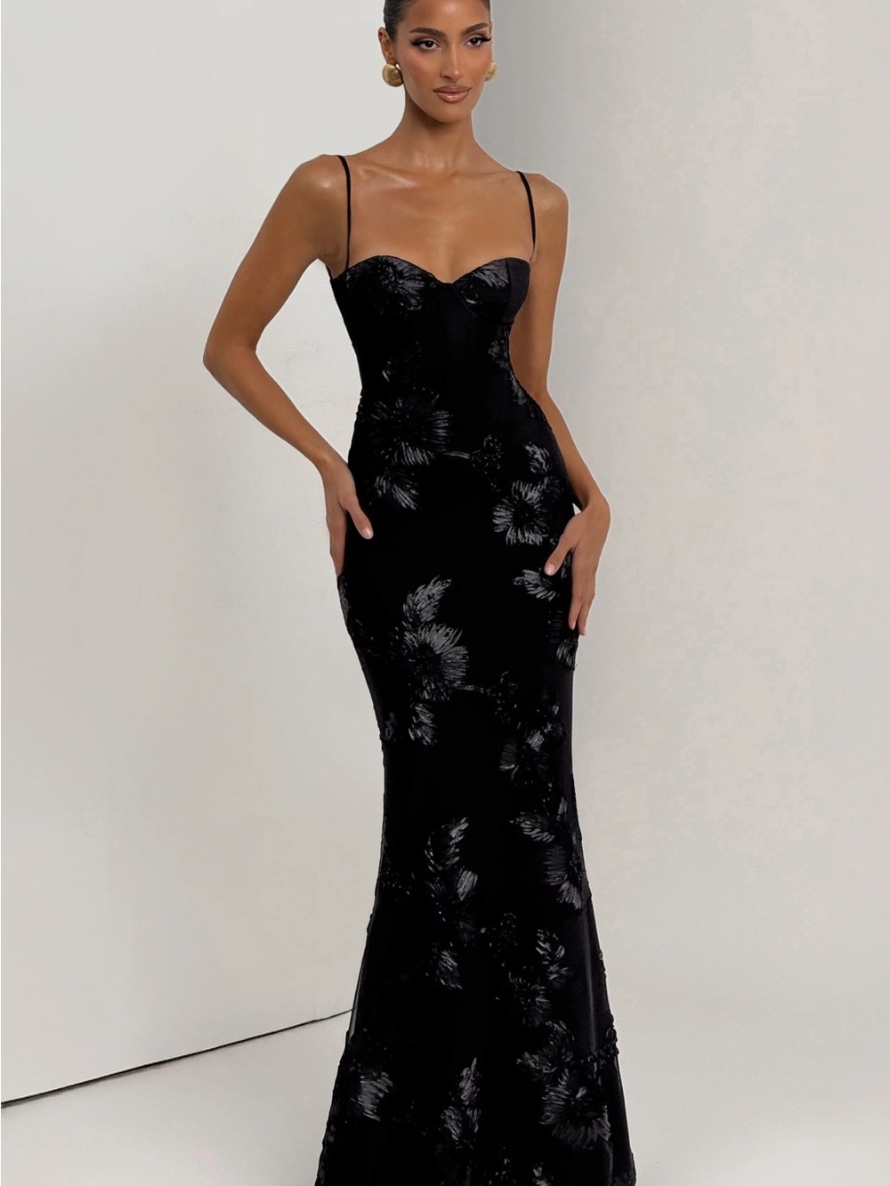 Black Floral-Texture Spaghetti-Strap Maxi Dress